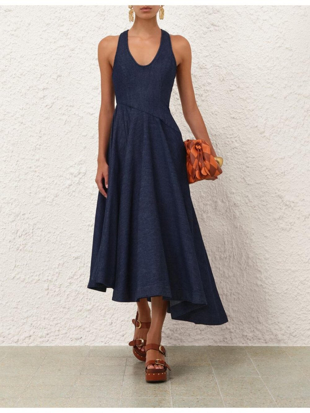 NWT ZIMMERMANN Denim Scoop Neck Midi Dress 0 US 4 Harbour Blue